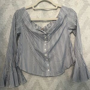 Free People Blue and White Bell Sleeve Crop Blouse